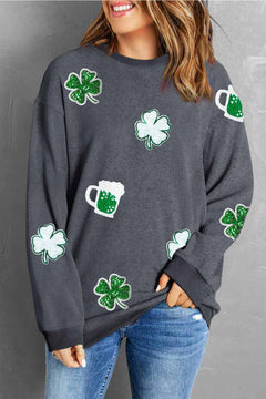 Lucky Clover Beer Sequin Round Neck Sweatshirt-Teresa's Fashionista LLC