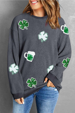Lucky Clover Beer Sequin Round Neck Sweatshirt-Teresa's Fashionista LLC