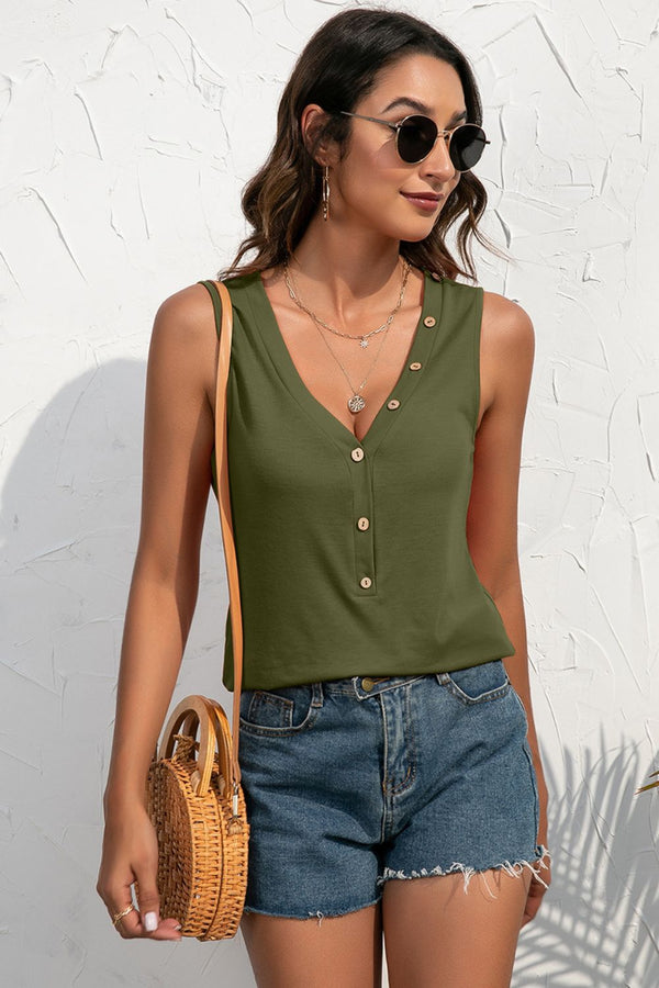 Buttoned Deep V Tank-Teresa's Fashionista LLC