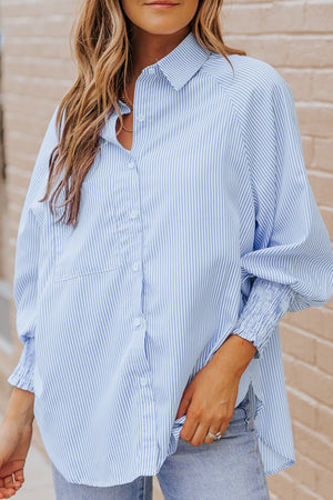 Striped Lantern Sleeve Collared Shirt-Teresa's Fashionista LLC