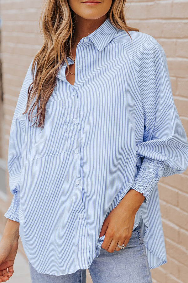 Striped Lantern Sleeve Collared Shirt-Teresa's Fashionista LLC