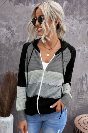 Zip-Up Raglan Sleeve Openwork Hooded Cardigan-Teresa's Fashionista LLC
