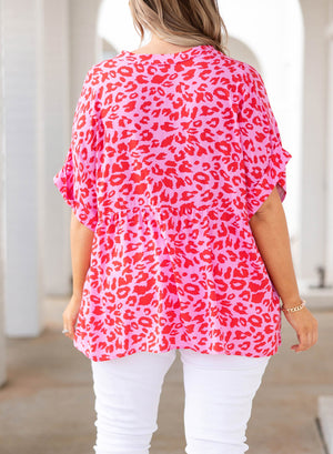 Plus Size Printed Notched Neck Half Sleeve Top-Teresa's Fashionista LLC