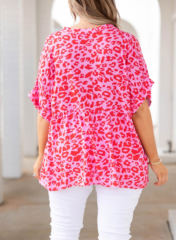 Plus Size Printed Notched Neck Half Sleeve Top-Teresa's Fashionista LLC