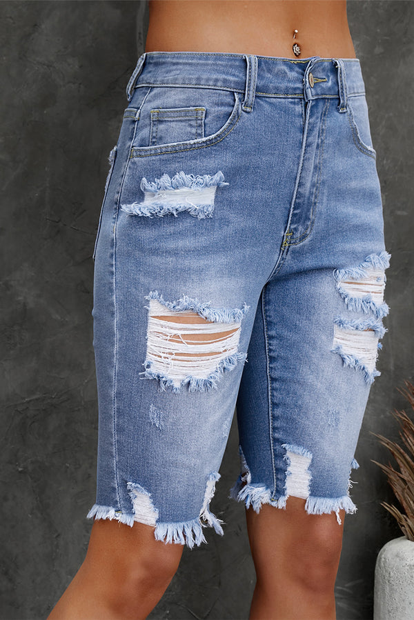 Distressed Frayed Hem Denim Bermuda Shorts-Teresa's Fashionista LLC