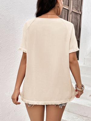 Round Neck Raglan Sleeve Fringe Detail Top-Teresa's Fashionista LLC