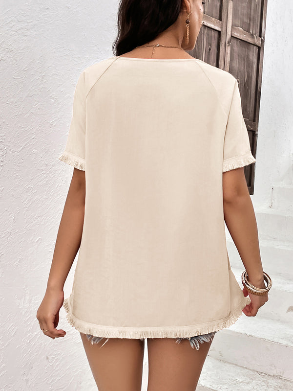 Round Neck Raglan Sleeve Fringe Detail Top-Teresa's Fashionista LLC