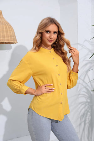 Mock Neck Buttoned Long Sleeve Shirt-Teresa's Fashionista LLC