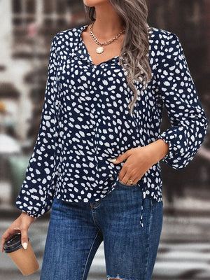 Printed Tie Neck Long Sleeve Blouse-Teresa's Fashionista LLC