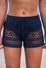 Full size drawstring waist swim shorts with openwork lace design, featuring moderate stretch fabric.