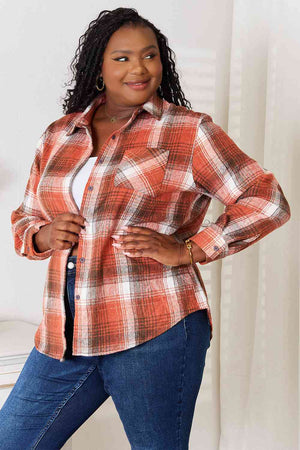 Double Take Plaid Collared Neck Long Sleeve Shirt-Teresa's Fashionista LLC