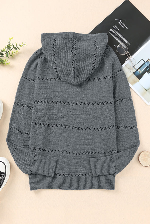 Zip-Up Raglan Sleeve Openwork Hooded Cardigan-Teresa's Fashionista LLC