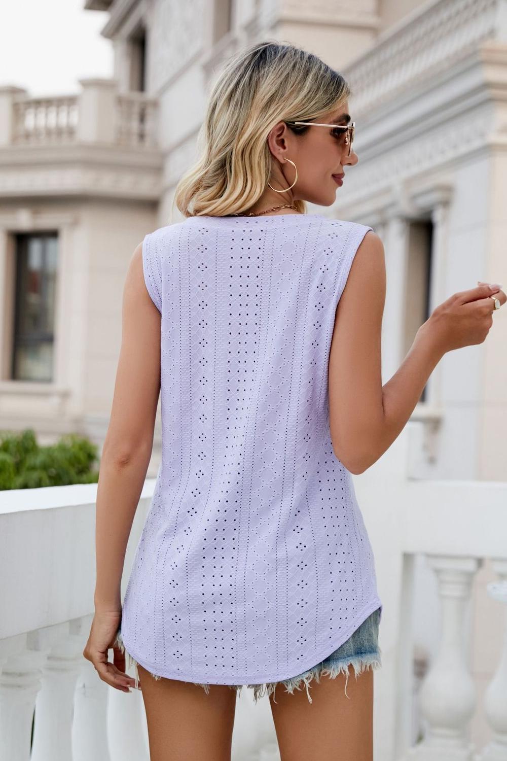 Eyelet V-Neck Tank-Teresa's Fashionista LLC