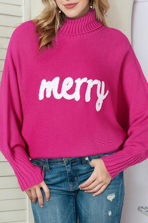 Merry Letter Embroidered High Neck Sweater-Teresa's Fashionista LLC
