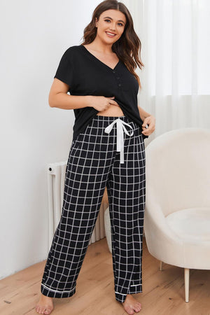 Plus Size V-Neck Top and Plaid Pants Lounge Set-Teresa's Fashionista LLC