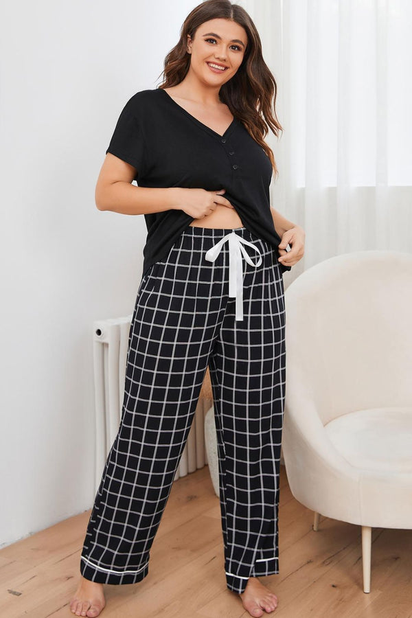 Plus Size V-Neck Top and Plaid Pants Lounge Set-Teresa's Fashionista LLC