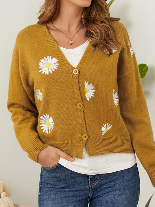 Flower Button Front Dropped Shoulder Cardigan-Teresa&#39;s Fashionista LLC