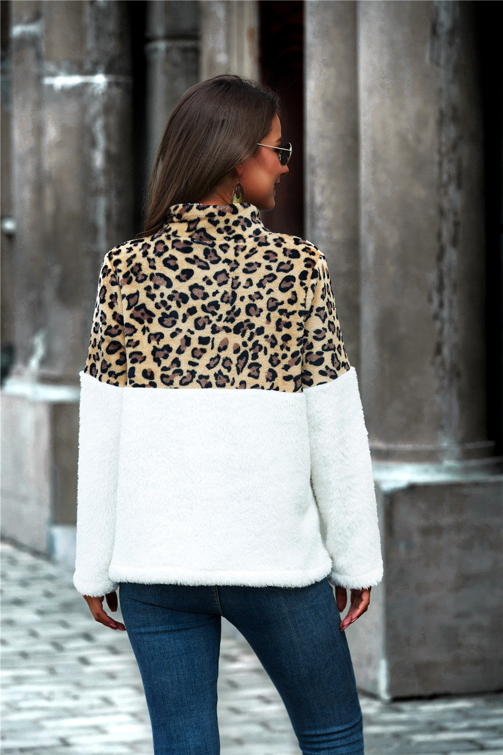 Leopard Color Block Half-Zip Collar Teddy Sweatshirt-Teresa's Fashionista LLC