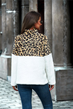 Leopard Color Block Half-Zip Collar Teddy Sweatshirt-Teresa's Fashionista LLC