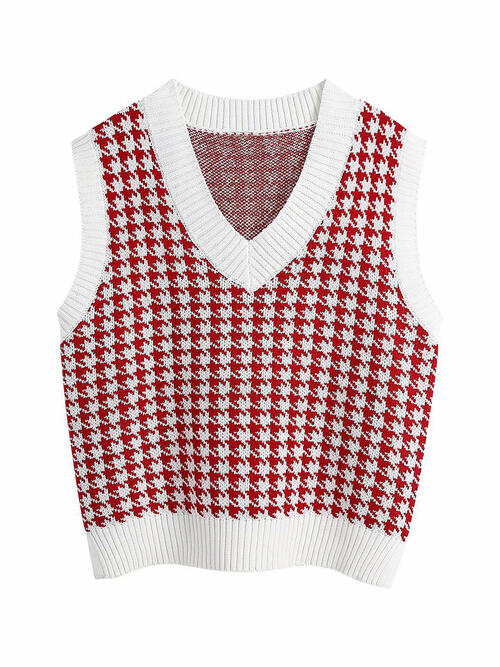 Houndstooth V-Neck Sweater Vet-Teresa&#39;s Fashionista LLC