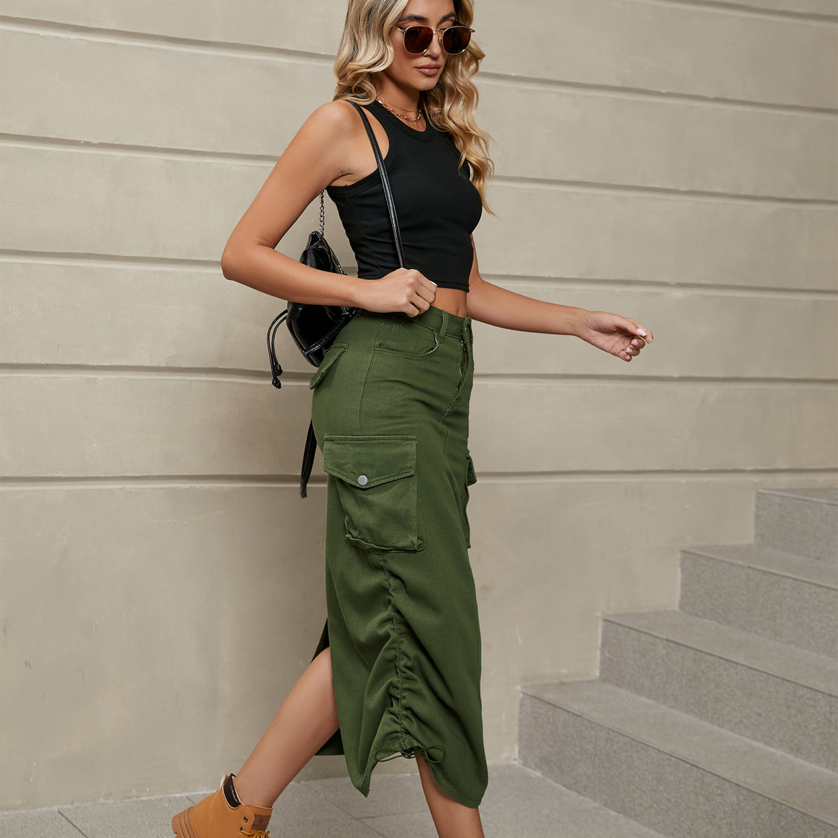Drawstring Ruched Slit Denim Midi Skirt-Teresa&#39;s Fashionista LLC