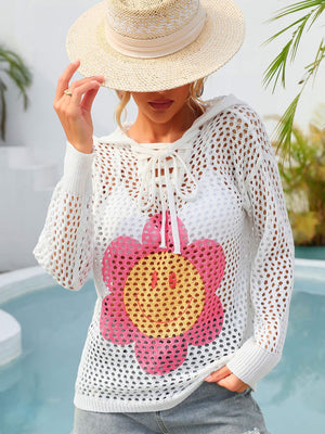 Flower Graphic Lace-Up Openwork Hooded Cover Up-Teresa's Fashionista LLC