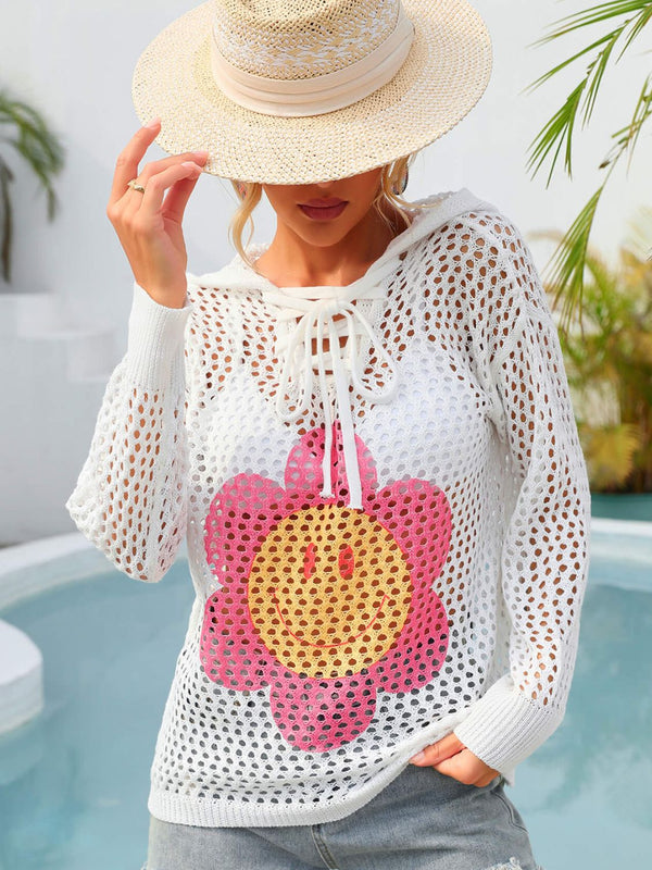 Flower Graphic Lace-Up Openwork Hooded Cover Up-Teresa's Fashionista LLC