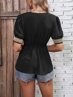 Contrast V-Neck Babydoll Top-Teresa's Fashionista LLC