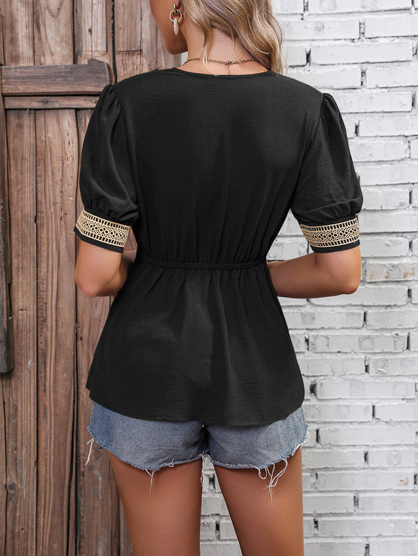 Contrast V-Neck Babydoll Top-Teresa's Fashionista LLC