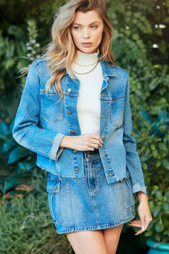 Veveret Button Up Raw Hem Denim Jacket-Teresa's Fashionista LLC