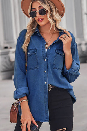 Collared Neck Dropped Shoulder Denim Top-Teresa's Fashionista LLC