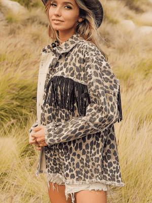 Leopard Fringe Detail Collared Neck Denim Jacket-Teresa's Fashionista LLC