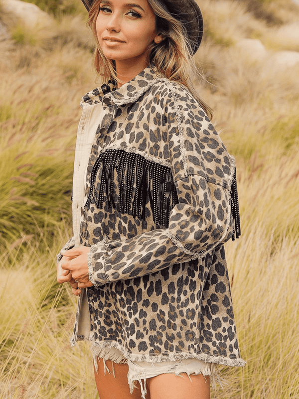 Leopard Fringe Detail Collared Neck Denim Jacket-Teresa's Fashionista LLC