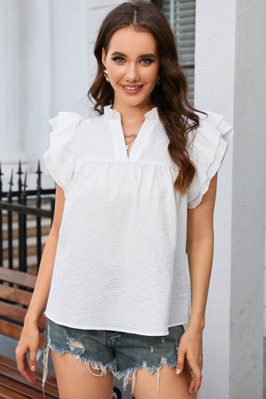 Notched Neck Butterfly Sleeve Blouse-Teresa's Fashionista LLC