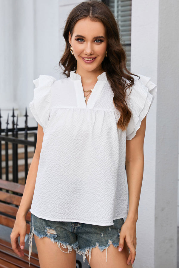 Notched Neck Butterfly Sleeve Blouse-Teresa's Fashionista LLC