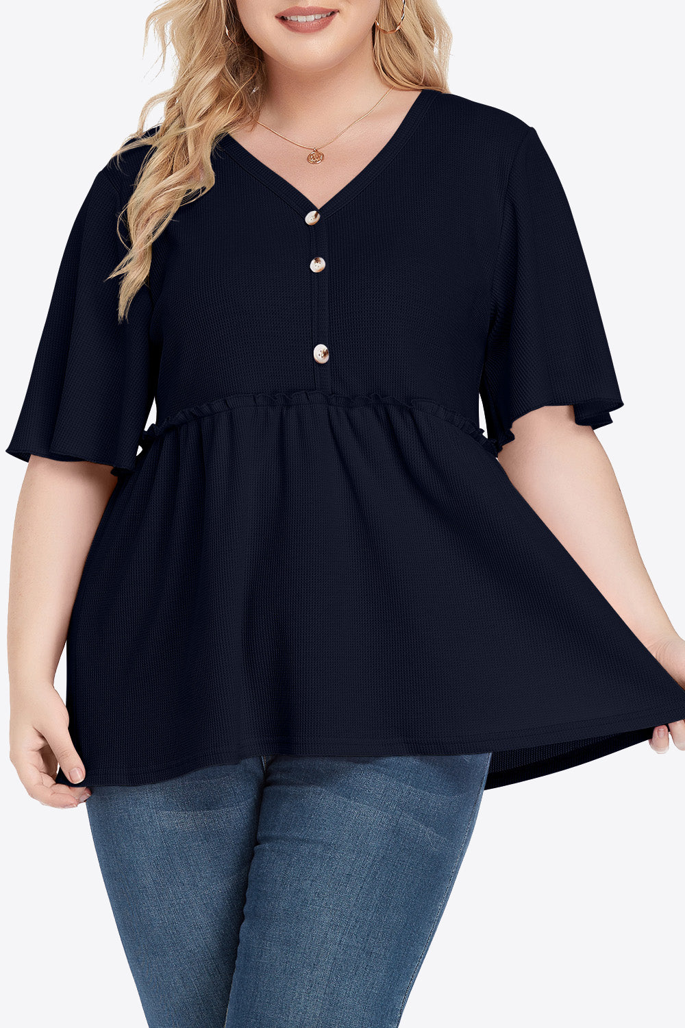 Plus Size Buttoned V-Neck Frill Trim Babydoll Blouse-Teresa&#39;s Fashionista LLC