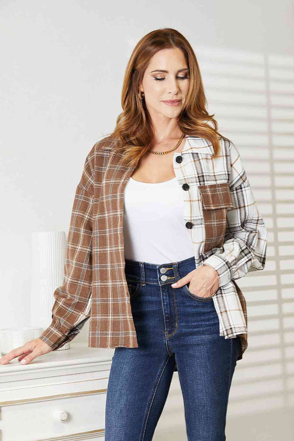 Double Take Plaid Contrast Button Up Shirt Jacket-Teresa's Fashionista LLC