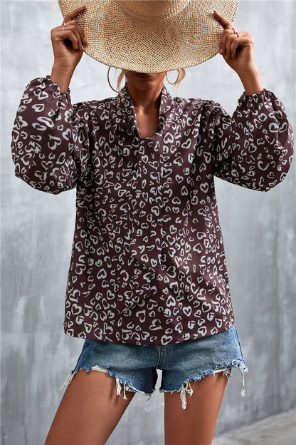 Printed Tie Neck Puff Sleeve Blouse-Teresa&#39;s Fashionista LLC