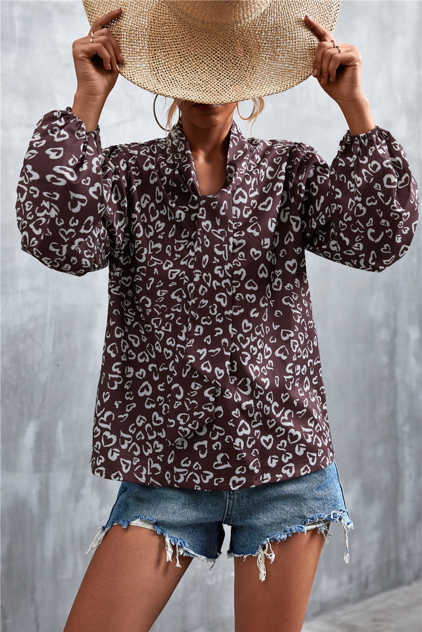Printed Tie Neck Puff Sleeve Blouse-Teresa's Fashionista LLC