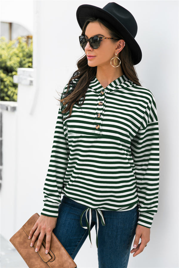 Striped Half-Button Dropped Shoulder Hoodie-Teresa's Fashionista LLC