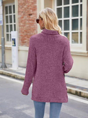Ribbed Turtleneck Long Sleeve Slit Knit Top-Teresa's Fashionista LLC