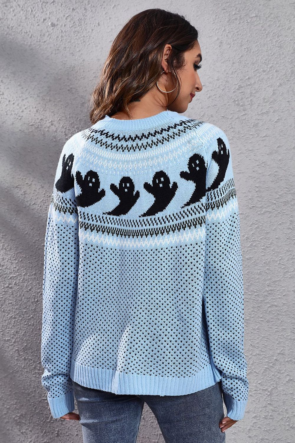 Ghost Pattern Round Neck Long Sleeve Sweater-Teresa&#39;s Fashionista LLC