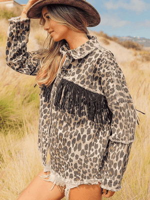Leopard Fringe Detail Collared Neck Denim Jacket-Teresa's Fashionista LLC
