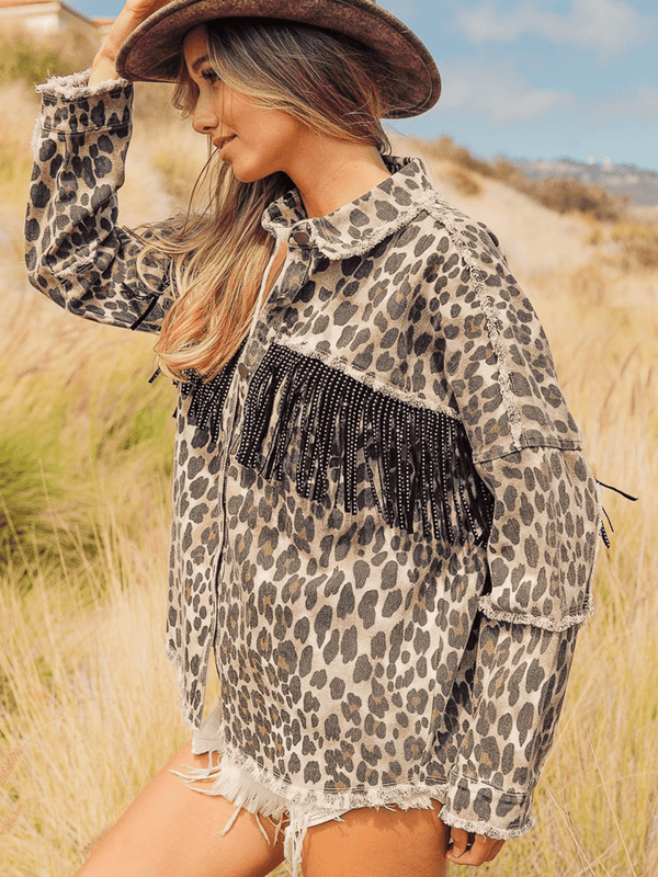 Leopard Fringe Detail Collared Neck Denim Jacket-Teresa's Fashionista LLC