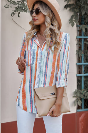 Striped Button-Up Curved Hem Shirt with Breast Pocket-Teresa's Fashionista LLC