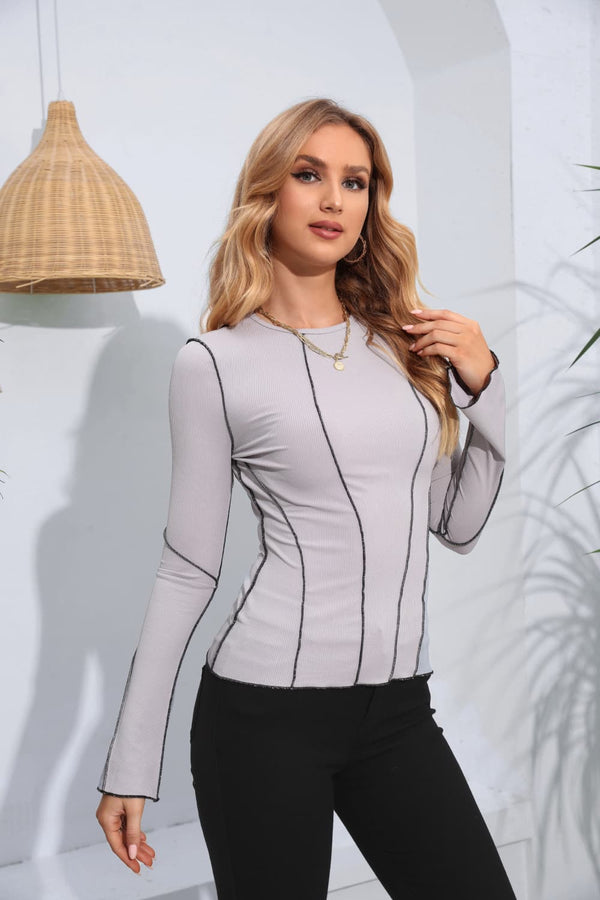Ribbed Round Neck Long Sleeve Blouse-Teresa's Fashionista LLC