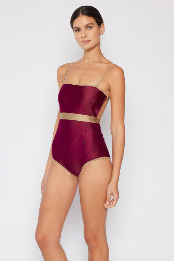 Marina West Swim Wave Break Contrast Trim One-Piece in Wine-Teresa's Fashionista LLC