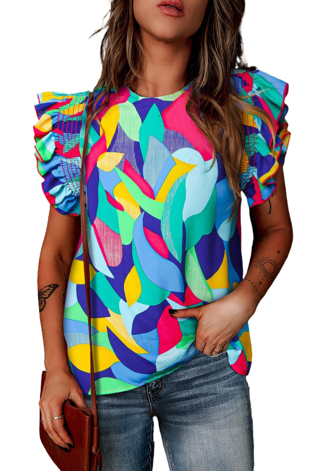 Printed Round Neck Butterfly Sleeve Top-Teresa&#39;s Fashionista LLC