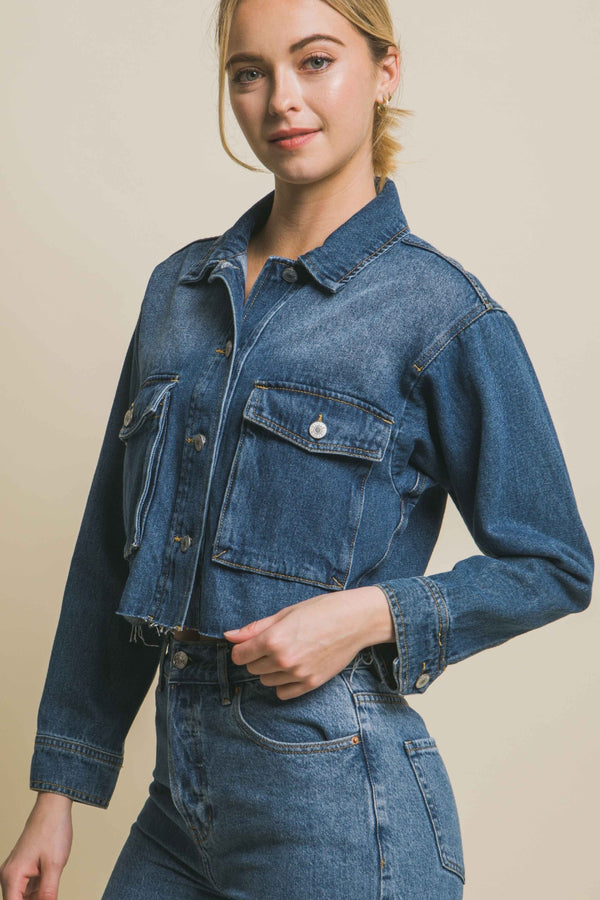 LOVE TREE Raw Hem Button Up Cropped Denim Jacket-Teresa's Fashionista LLC