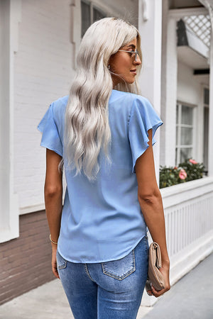 V-Neck Tie Hem Flutter Sleeve Blouse-Teresa's Fashionista LLC